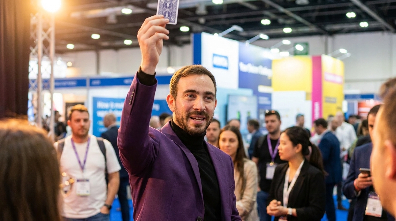 Neta Bresler holds a playing card above his head in front of a small crowd at a busy exhibition stand.