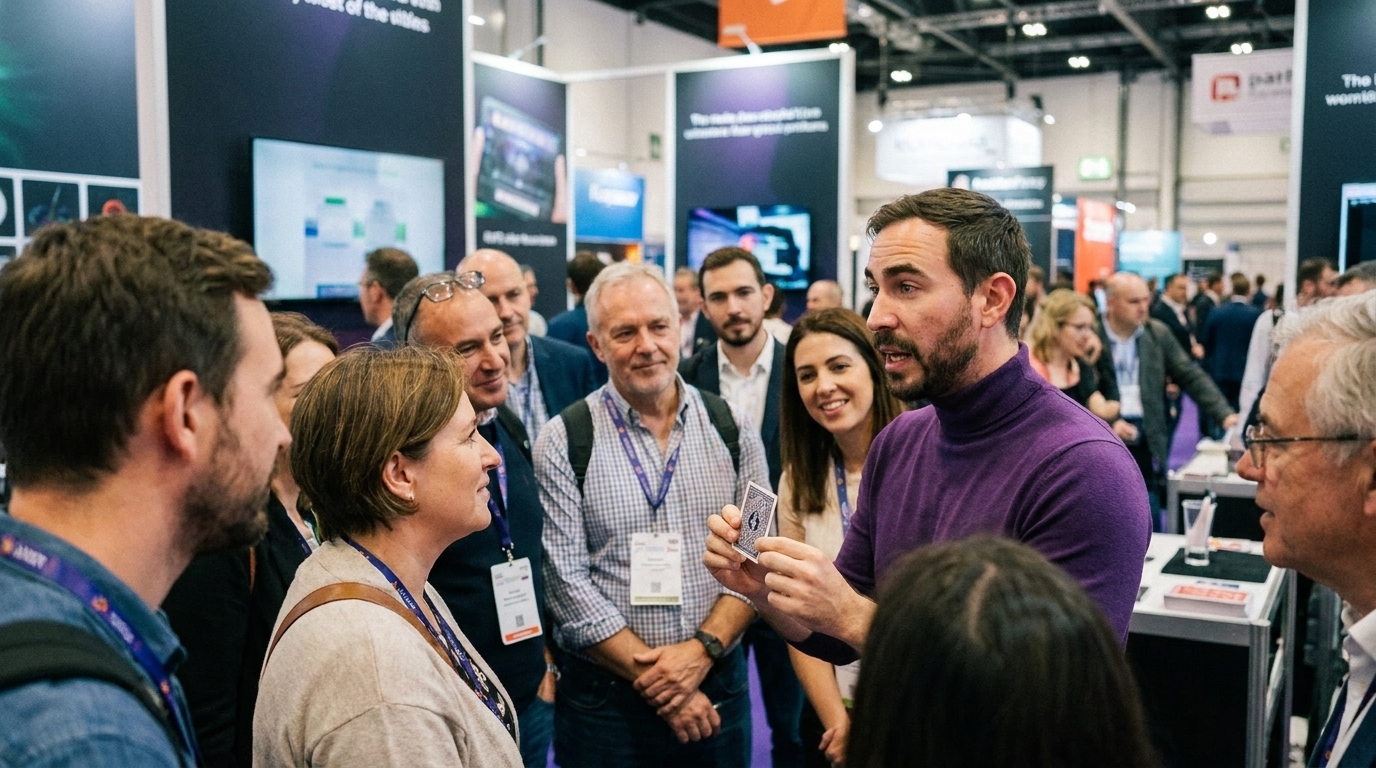 Neta Bresler holds a playing card above his head at a trade show booth while a crowd of visitors presses in around him.