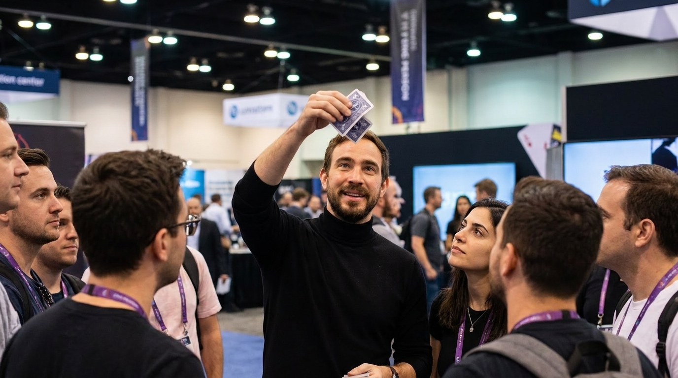 Neta Bresler holds a folded slip of paper above his head for a standing crowd at a company exhibition stand.