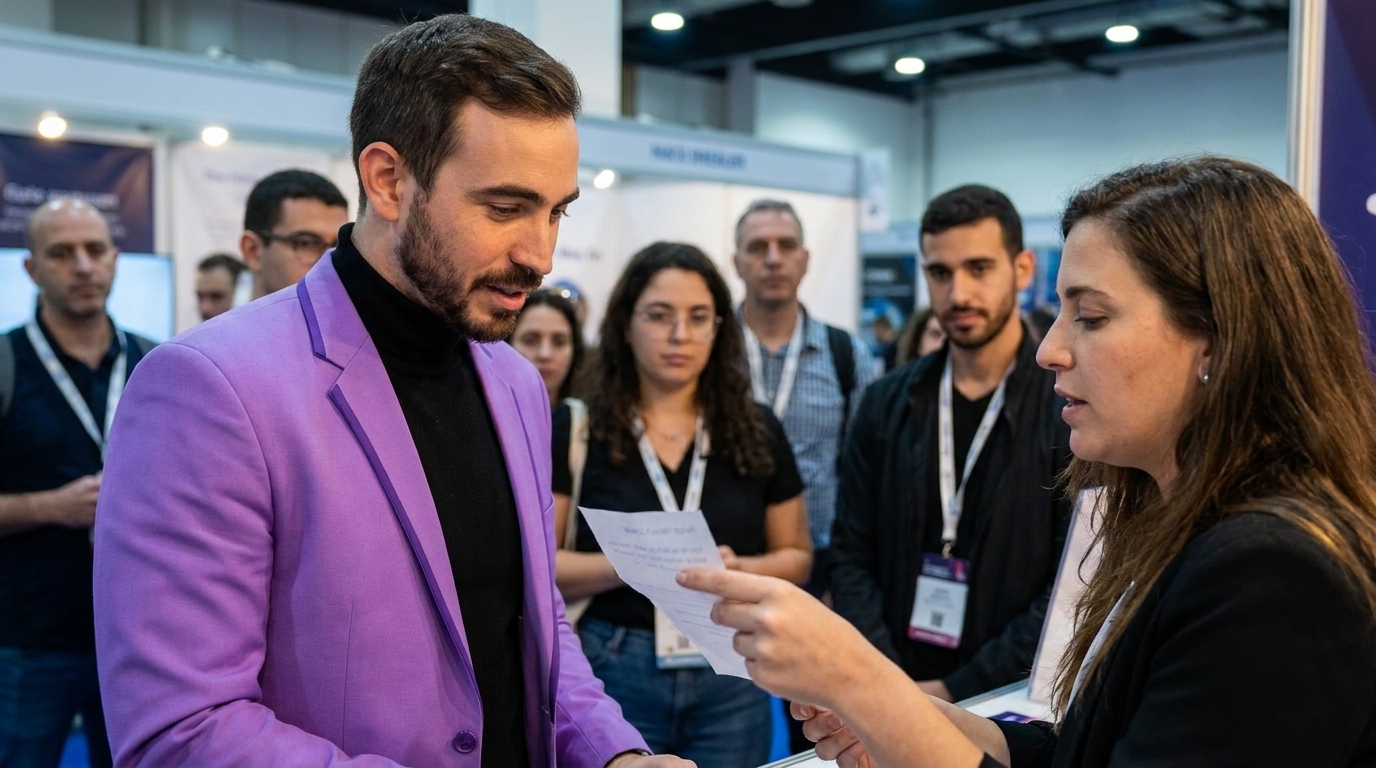 Neta Bresler holds a folded card above his head in front of a crowd standing at a busy exhibition stand.