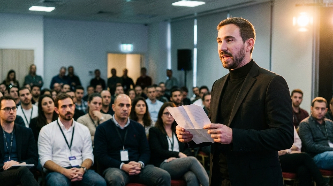 נטע ברסלר עומד מול עשרות עובדים באולם כינוסים של חברה ומחזיק דף מקופל מול הקהל באמצע הרצאה