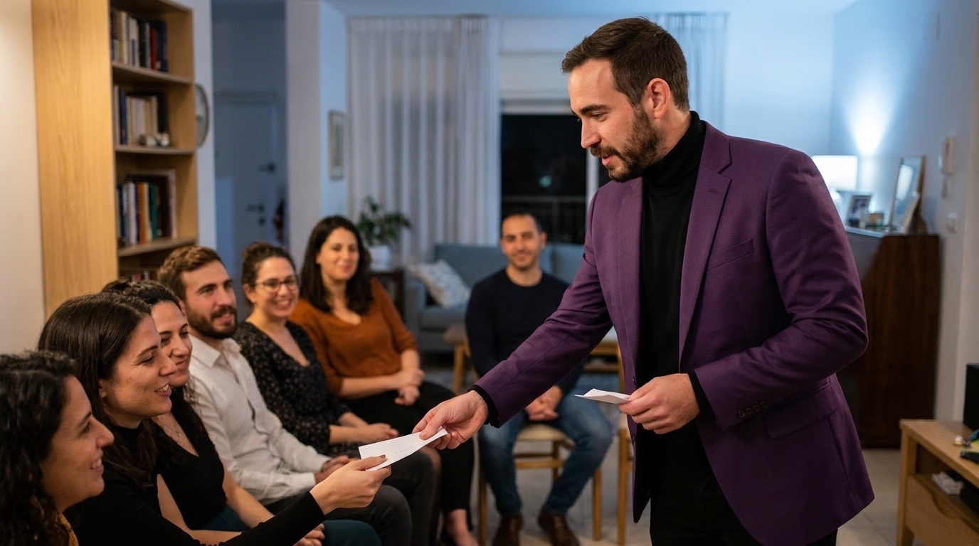 Neta Bresler stands in a living room facing a small arc of seated guests at a private evening event, holding a folded slip of paper out toward a woman in the front row.