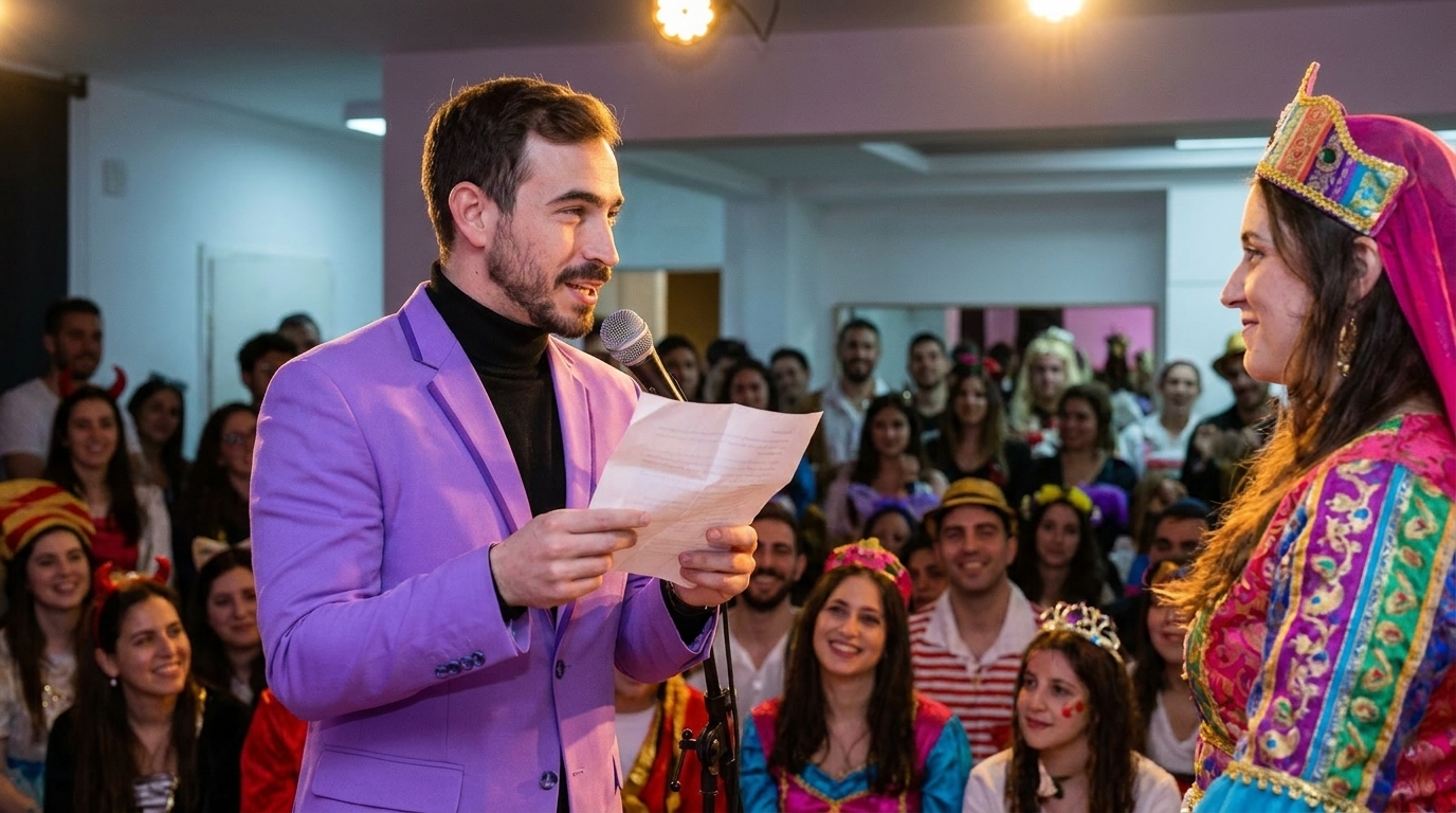 נטע ברסלר עומד מול קהל מחופש במסיבת פורים ומחזיק קלף אל מול אישה בתחפושת