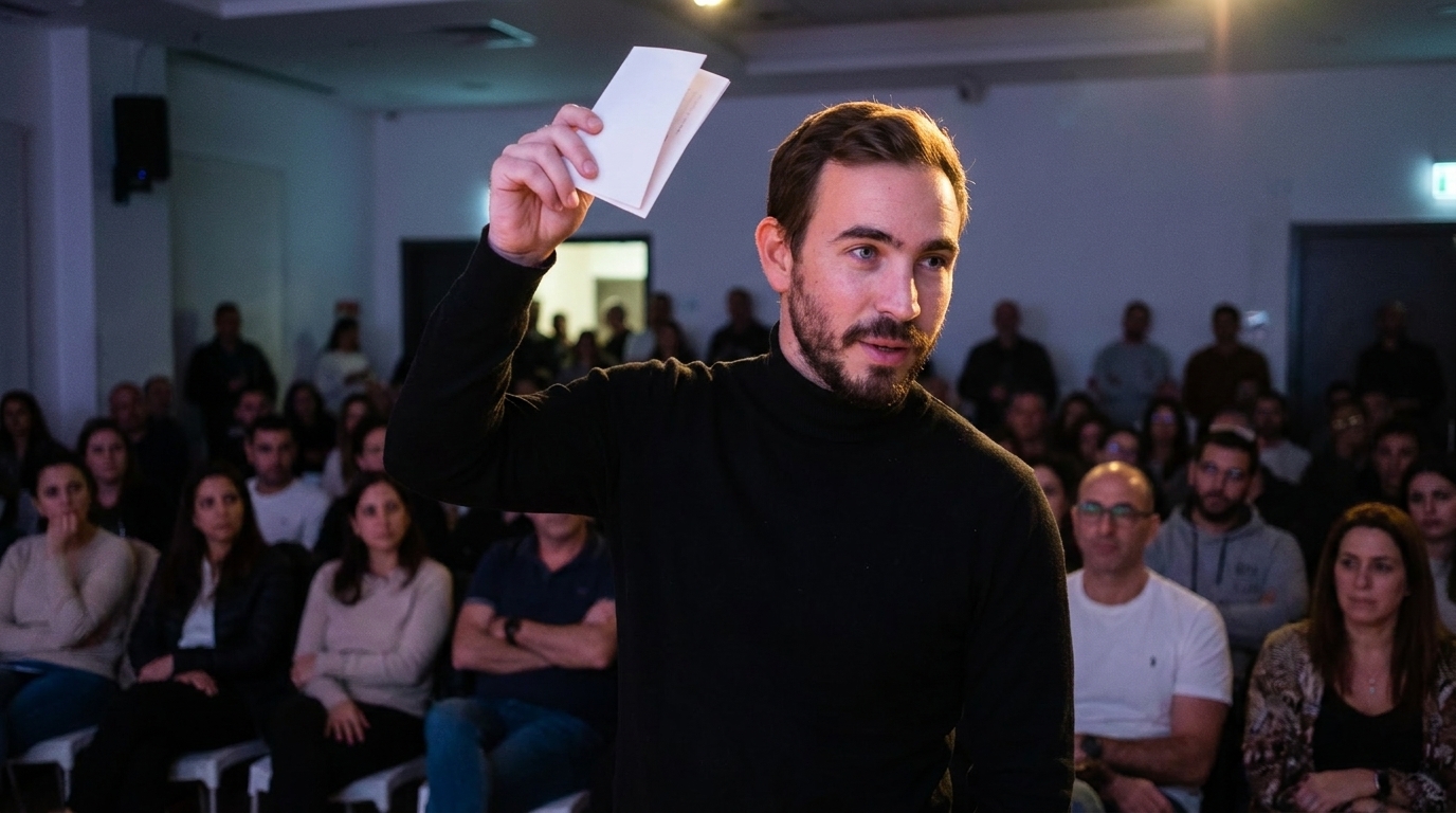 נטע ברסלר עומד על במה באולם באשדוד ומחזיק קלף מול קהל יושב