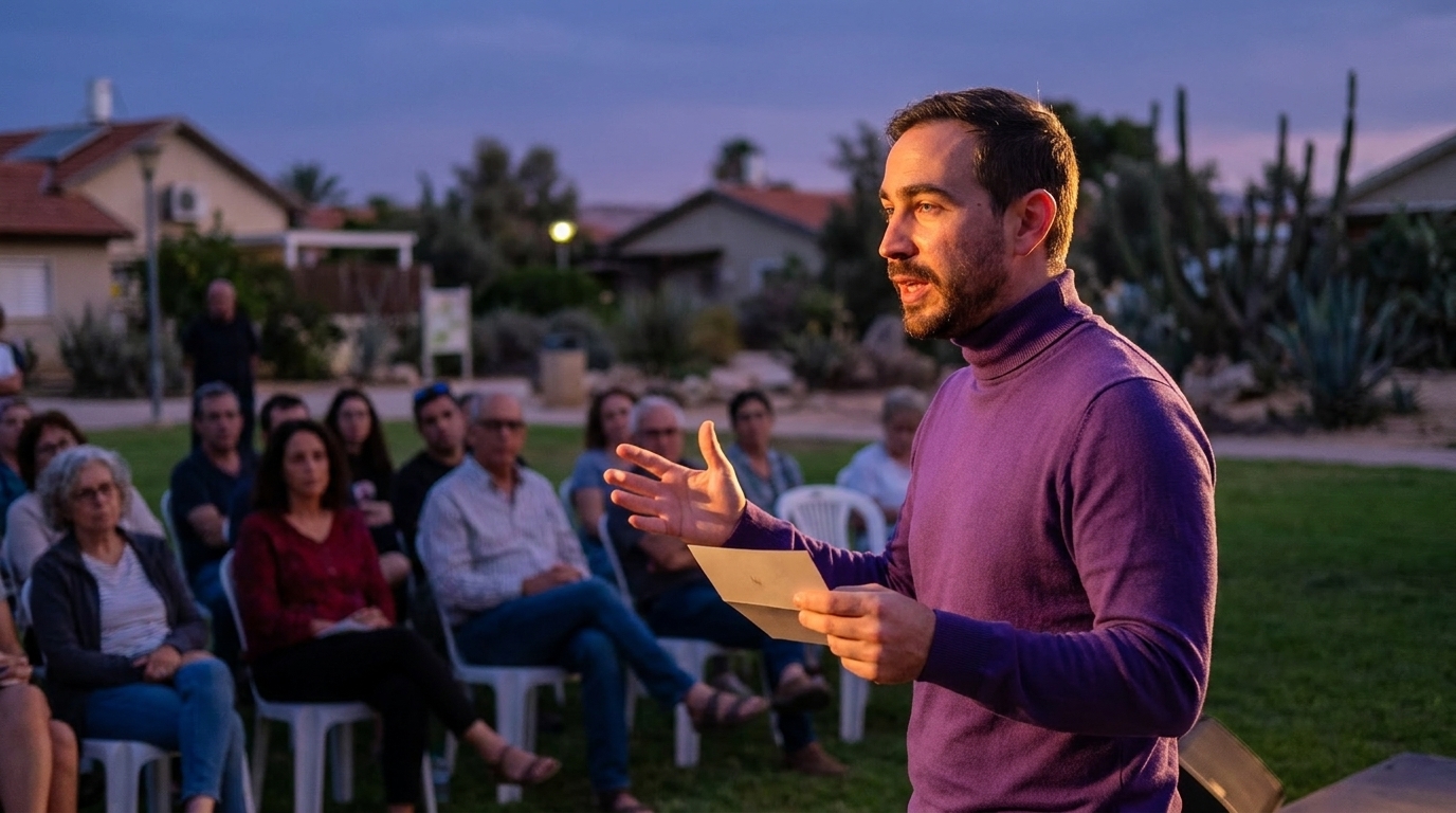 נטע ברסלר מחזיק קלף מול קהל יושב בחצר פתוחה של מתחם אירועים בנגב בשעת ערב
