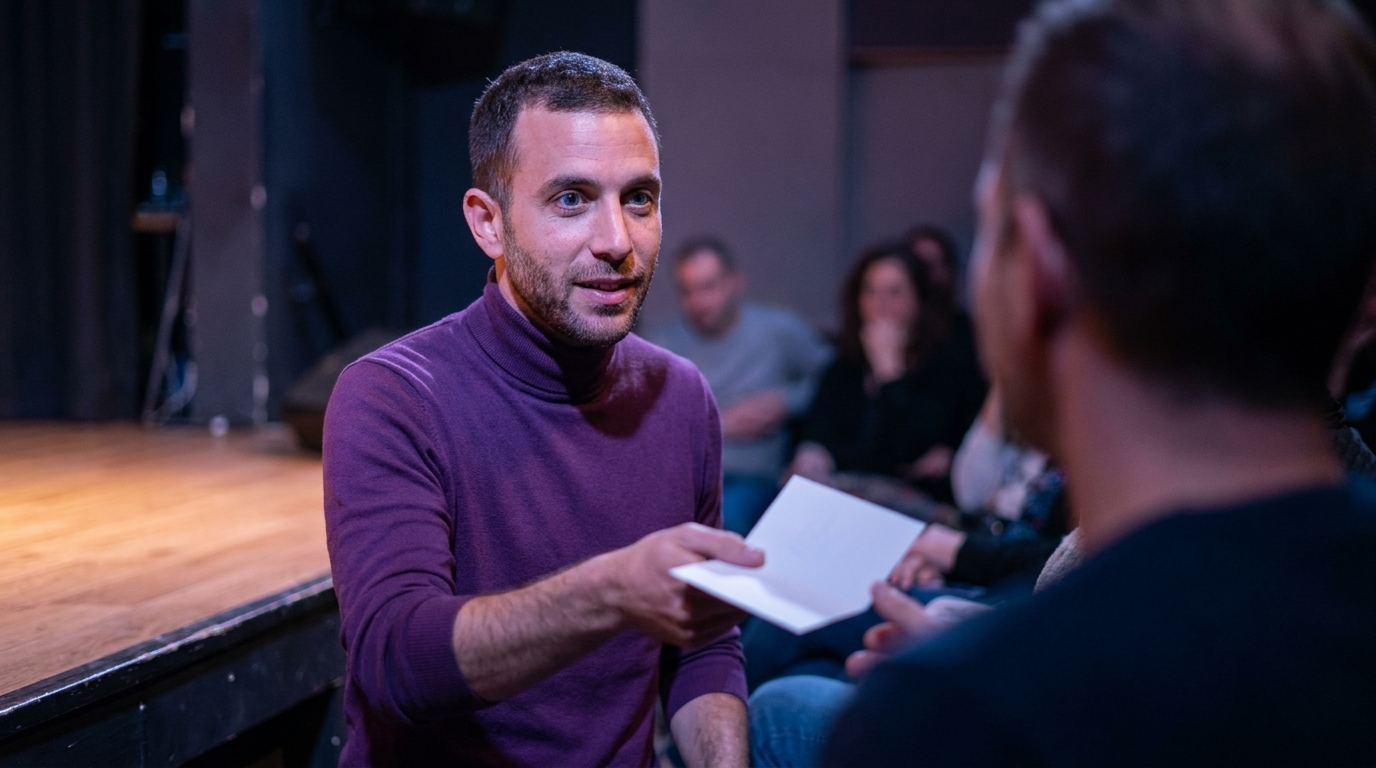 Neta Bresler stands at the edge of a low stage in a Tel Aviv venue, holding a folded card toward a seated audience member.
