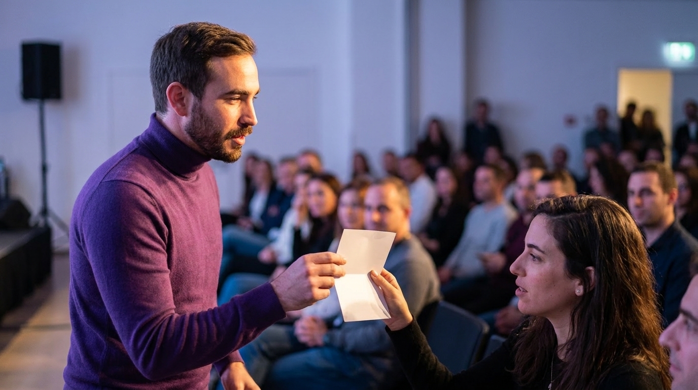 Neta Bresler stands close to the front row at a corporate stage show, holding a folded prediction card toward a guest.
