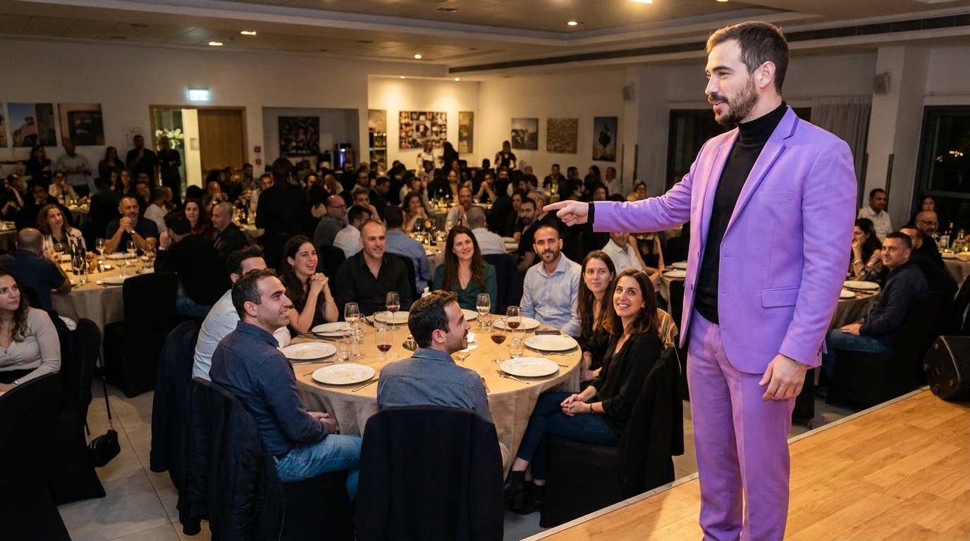 נטע ברסלר עומד מול קהל יושב באולם אירועים בערב גיבוש ומחזיק פתק פתוח מול מאה ועשרים איש