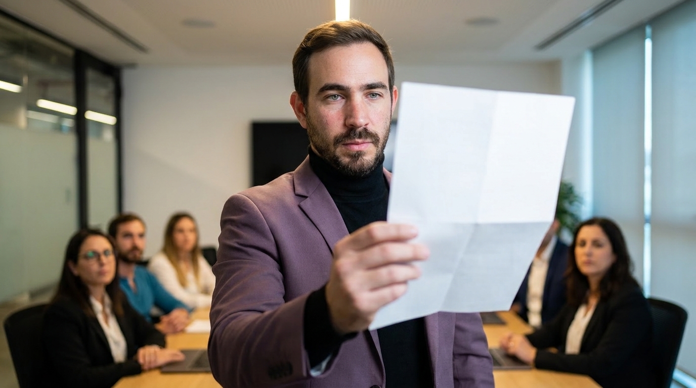 נטע ברסלר עומד מול צוות עובדים בחדר ישיבות ומחזיק פתק מול משתתף שעומד לידו