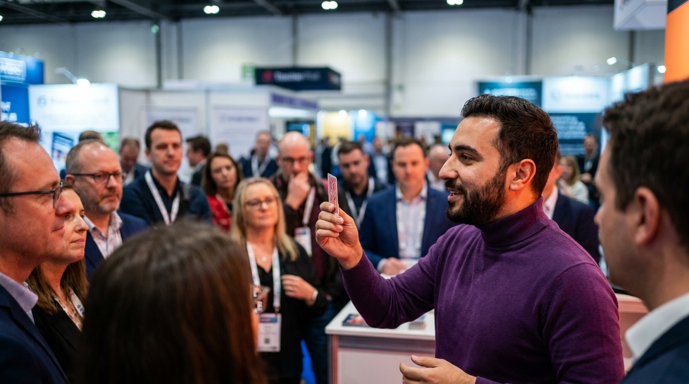 A crowd of trade show visitors gathered in a semicircle at the front of an exhibition stand, watching a performer hold up a card.