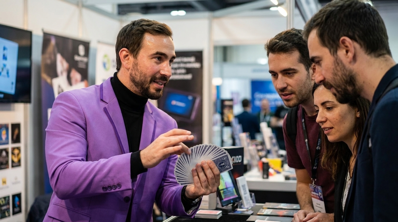Neta Bresler holds up a playing card to a tight cluster of visitors at a busy exhibition stand.