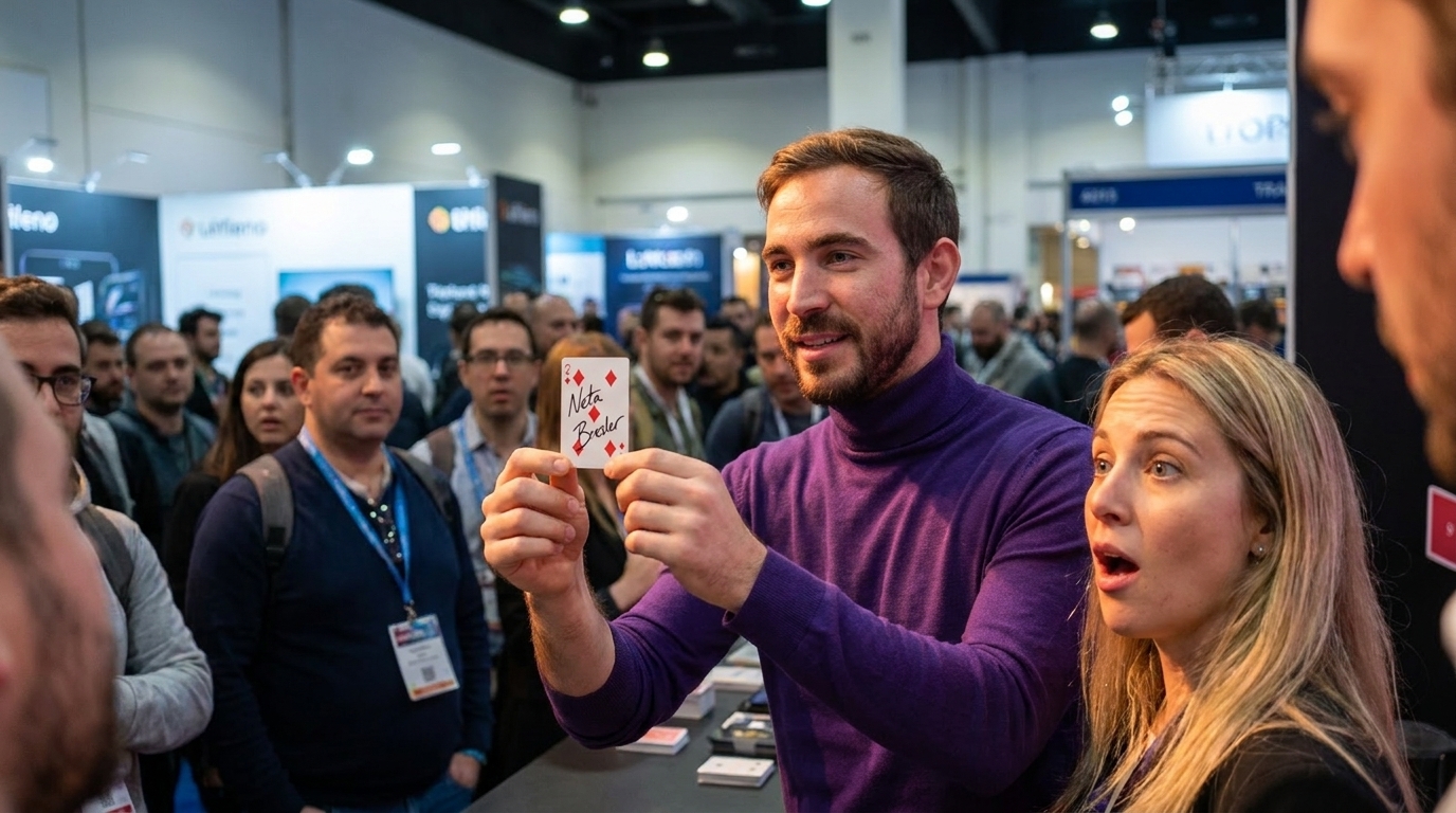 Neta Bresler holds up a folded prediction to a crowd of visitors gathered at the front edge of an exhibition stand.