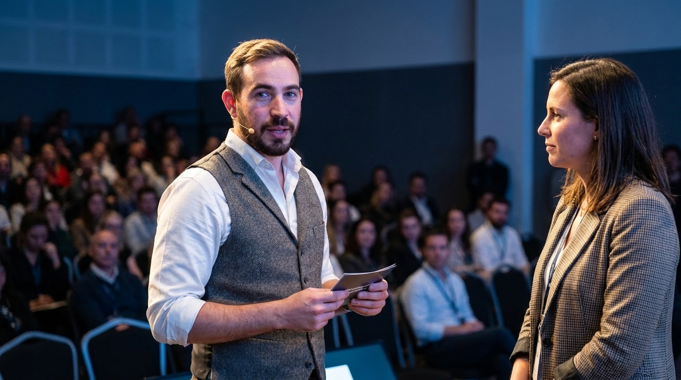 A speaker on a conference stage holding a folded card while an audience member stands beside him, both lit by stage lighting in front of a seated crowd.